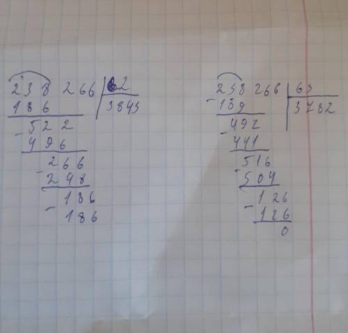 Решить примеры в столбик, чтобы было понятно. 238 266:62 и 238 266:63. ВНИМАНИЕ! цифра под цифрой! А