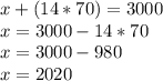 x+(14*70)=3000\\x=3000-14*70\\x=3000-980\\x=2020