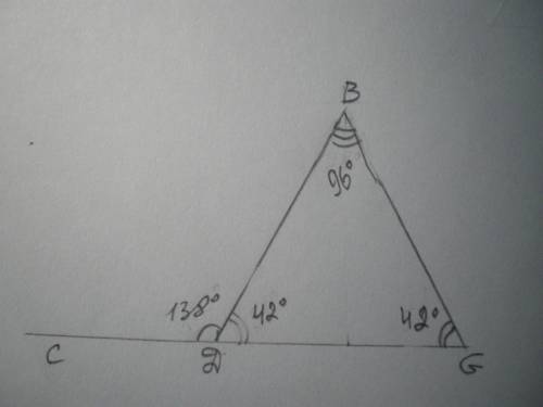 Определи величины углов равнобедренного треугольника DBG, если внешний угол угла D при основании DG
