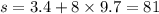 s = 3.4 + 8 \times 9.7 = 81