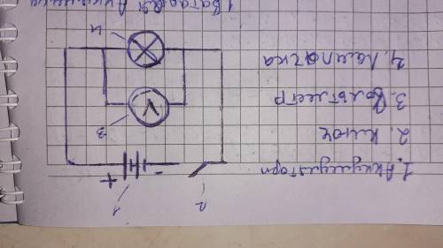накресліть електричну схему , що складається з батареї акумуляторів , лампочки, вимикача і вольтмера