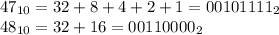 47_{10}=32+8+4+2+1=00 10 11 11_{2}\\48_{10}=32+16=00 11 00 00_{2\\}