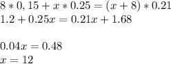 8*0,15 + x*0.25 = (x+8)*0.21\\1.2 + 0.25x = 0.21x + 1.68\\\\0.04x = 0.48\\x = 12\\