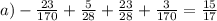 a) - \frac{23}{170} + \frac{5}{28} + \frac{23}{28} + \frac{3}{170} = \frac{15}{17}