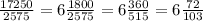 \frac{17250}{2575} = 6 \frac{1800}{2575} = 6 \frac{360}{515} = 6 \frac{72}{103}