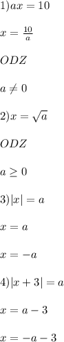 1)ax=10\\\\x=\frac{10}{a} \\ \\ ODZ\\ \\ a\neq 0\\ \\ 2)x=\sqrt{a} \\ \\ ODZ\\ \\ a\geq 0\\ \\ 3)|x|=a\\ \\ x=a\\ \\ x=-a\\ \\4) |x+3|=a\\\\ x=a-3\\ \\ x=-a-3