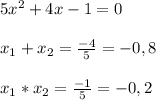 5x^{2}+4x-1=0\\\\x_{1}+x_{2}=\frac{-4}{5}=-0,8\\\\x_{1}*x_{2}=\frac{-1}{5}=-0,2