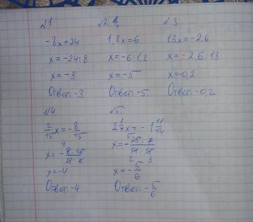 1)-8х=242) 1,2х=-63) 13х=-2,6две пятых х=-восемь пятнадцатыхдве целых одна седьмая х=-одна целая оди