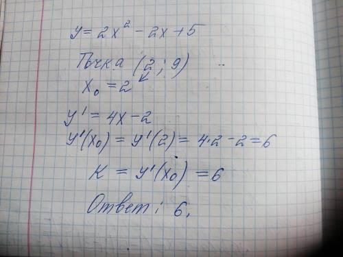 2. Определите угловой коэффициент касательной, проведенной к кривой y=2x^2-2x+5 в точке (2; 9).