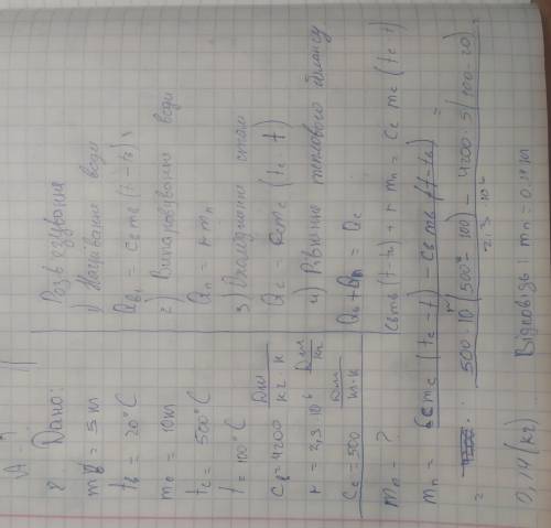 У посудину, що містить 5 кг води при 20 °С, кидають шматок сталі масою 10 кг, нагрітий до 500 °С. Во
