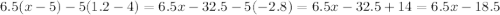 6.5(x-5)-5(1.2-4)=6.5x-32.5-5(-2.8)=6.5x-32.5+14=6.5x-18.5