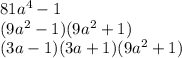 81a ^{4} - 1 \\ (9a ^{2} - 1)(9a ^{2} + 1) \\ (3a - 1)(3a + 1)(9a ^{2} + 1)