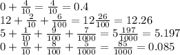 0 + \frac{4}{10} = \frac{4}{10 } = 0.4 \\ 12 + \frac{2}{10} + \frac{6}{100} = 12 \frac{26}{100} = 12.26 \\ 5 + \frac{1}{10} + \frac{9}{100} + \frac{7}{1000} = 5 \frac{197}{1000} = 5.197 \\ 0 + \frac{0}{10} + \frac{8}{100} + \frac{5}{1000} = \frac{85}{1000} = 0.085