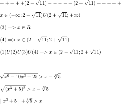 +++++(2-\sqrt{11})-----(2+\sqrt{11})+++++\\\\x\in(-\infty;2-\sqrt{11})U(2+\sqrt{11};+\infty)\\\\(3)=x\in R\\\\(4)=x\in(2-\sqrt{11};2+\sqrt{11})\\\\(1)U(2)U(3)U(4)=x\in (2-\sqrt{11};2+\sqrt{11})\\\\\\\\\sqrt{x^6-10x^3+25}x-\sqrt[3]{5} \\\\\sqrt{(x^3+5)^2}x-\sqrt[3]{5}\\\\ \mid x^3+5 \mid+\sqrt[3]{5}x