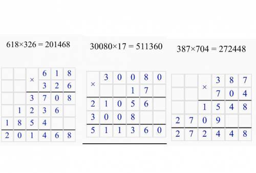 ответ на примеры столбиком: 30080*17 387*704 618*326 если чта я РАША