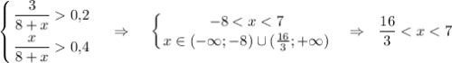 \displaystyle \left \{ {{\dfrac{3}{8+x}0{,}2} \atop {\dfrac{x}{8+x}0{,}4}} \right.~~~\Rightarrow~~~\left \{ {{-8