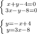 \left \{ {{x+y-4=0} \atop {3x-y-8=0}} \right. \\\\\left \{ {{y=-x+4} \atop {y=3x-8}} \right.