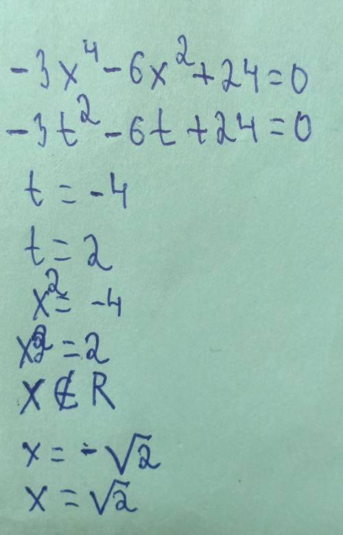 -3x⁴-6x²+24=0 4х⁴+32х²+60=0 –5х⁴–10х²+15=0