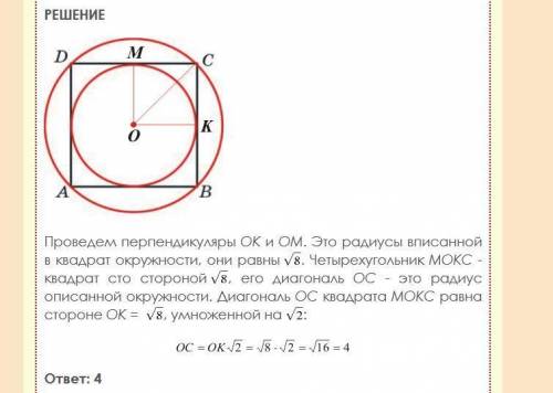 2) около окружности,радиус которойравен =кв.корень из 8, описанквадрат. Найдите радиусокружности, оп