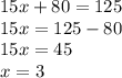 15x+80=125\\15x=125-80\\15x=45\\x=3