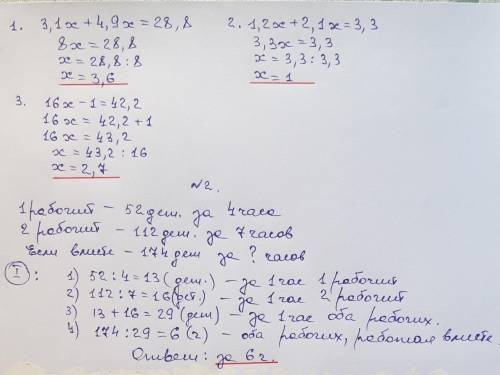 1. Решить уравнения 3,1x + 4,9x = 28,8 1,2x + 2,1x = 3,3 16x - 1 = 42,2 2. 1 рабочий можеть сделать