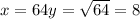 x = 64y = \sqrt{64} = 8