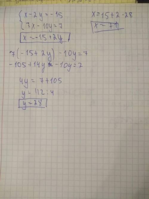 Реши систему уравнений методом подстановки х-2у=-15 7х-10у=7
