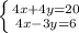 \left \{ {{4x+4y=20} \atop {4x-3y=6}} \right.