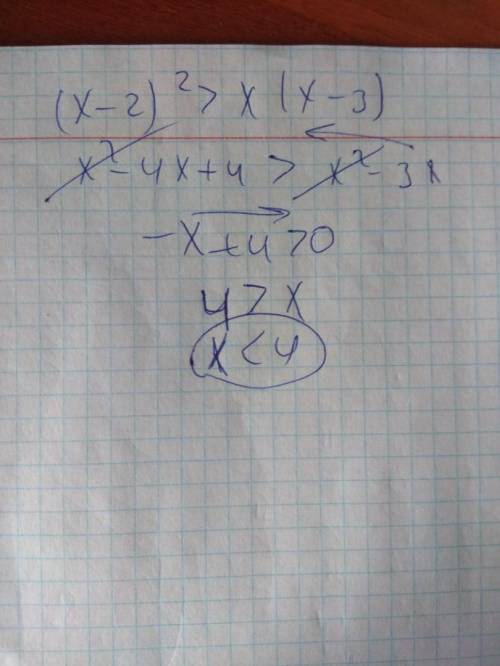 Доказать,что если,(x-2)^2 больше x(x-3), то x меньше 4.​