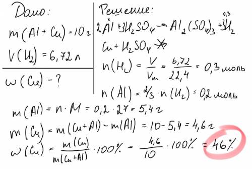 Смесь порошка Алюминия и Меди массой 20г обработали раствором серной кислоты, в результате выделится