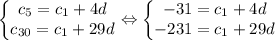 \left\{\begin{matrix}c_5=c_1+4d\\ c_{30}=c_1+29d\end{matrix}\right. \Leftrightarrow \left\{\begin{matrix}-31=c_1+4d\\ -231=c_1+29d\end{matrix}\right.