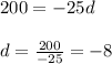 200=-25d \\ \\ d=\frac{200}{-25}=-8