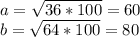 a=\sqrt{36*100} =60 \\b=\sqrt{64*100} =80