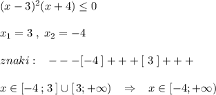 (x-3)^2(x+4)\leq 0\\\\x_1=3\; ,\; x_2=-4\\\\znaki:\; \; \; ---[-4\; ]+++[\; 3\; ]+++\\\\x\in [-4\, ;\, 3\, ]\cup [\, 3;+\infty )\; \; \; \Rightarrow \; \; \; x\in [-4;+\infty )