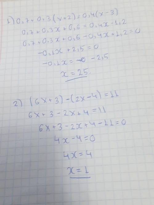 Нужно решить уравнения: а) 0,7 + 0,3 (х + 2) = 0,4(х-3); б) (6х + 3) - (2х - 4) = 11.