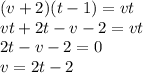 (v+2)(t-1)=vt\\vt+2t-v-2=vt\\2t-v-2=0\\v=2t-2