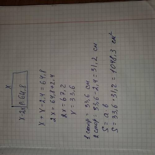 Периметре прямокутника =64,8 одна із сторін на 2,4 менша за іншу Обчисліть площу прямокутника