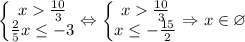 \left\{\begin{matrix}x\frac{10}{3}\\ \frac{2}{5}x\leq -3\end{matrix}\right.\Leftrightarrow \left\{\begin{matrix}x\frac{10}{3}\\ x\leq -\frac{15}{2}\end{matrix}\right.\Rightarrow x\in \varnothing