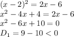 (x-2)^2=2x-6\\x^2-4x+4=2x-6\\x^2-6x+10=0\\D_1=9-10