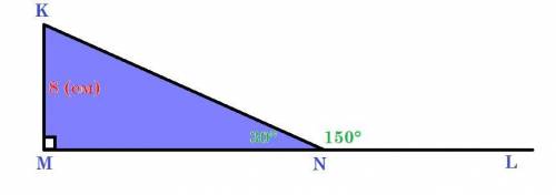 В прямоугольном треугольнике KMN с гипотенузой KN.внешний угол при вершине N равен 150 градусов. Най