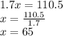 1.7x = 110.5 \\ x = \frac{110.5}{1.7} \\ x = 65