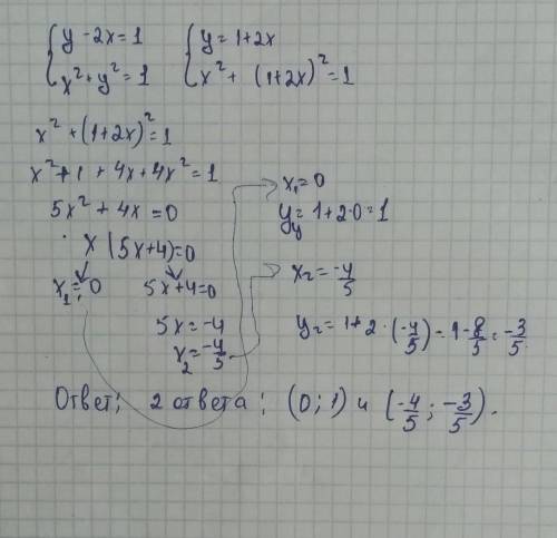 Решите систему y-2x=1 x^2+y^2=1