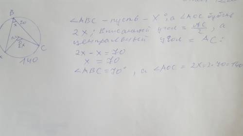 Ребята умоляю осталось ровно 20 минут и у меня будет 2 двойки: Вписанный угол АВС на 70 градусов мен