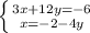 \left \{ {{3x+12y=-6} \atop {x=-2-4y}} \right.