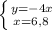 \left \{ {{y=-4x} \atop {x = 6,8\\}} \right.