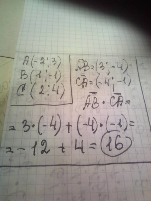 Дано точки А -2;3 в 1; -1 C2;4 знайти скалярний добуток векторів AB і СA​