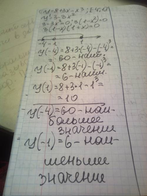 Найти наибольшее и наименьшее значения функции на промежутке =8+3x−x^3 на отрезке [-4;1];