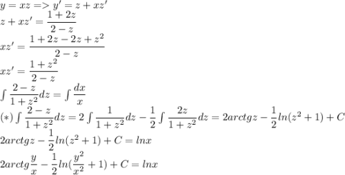 y=xz=y'=z+xz'\\ z+xz'=\dfrac{1+2z}{2-z}\\ xz'=\dfrac{1+2z-2z+z^2}{2-z}\\ xz'=\dfrac{1+z^2}{2-z}\\ \int \dfrac{2-z}{1+z^2}dz=\int\dfrac{dx}{x}\\ (*)\int \dfrac{2-z}{1+z^2}dz=2\int \dfrac{1}{1+z^2}dz-\dfrac{1}{2}\int \dfrac{2z}{1+z^2}dz= 2arctgz-\dfrac{1}{2}ln(z^2+1)+C\\ 2arctgz-\dfrac{1}{2}ln(z^2+1)+C=lnx\\ 2arctg\dfrac{y}{x}-\dfrac{1}{2}ln(\dfrac{y^2}{x^2}+1)+C=lnx