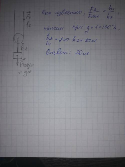 На подвижном блоке равномерно поднимают груз массой 50 кг на высоту 10 м. На какую длину при этом вы