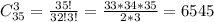 C_{35}^{3} =\frac{35!}{32!3!} =\frac{33*34*35}{2*3}=6545